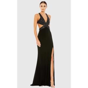 Mac Duggal 6 Dress Black Long Beaded Cut Out Gown Plunge 68166 Prom Cocktail NEW